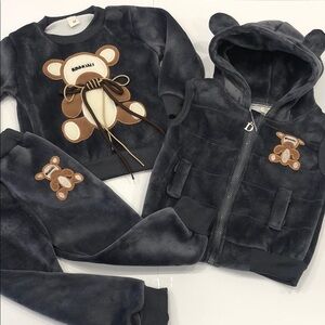 🧸 3-Piece Teddy Bear Velour  Outfit Set | Vest, Sweater & Pants | 18–24M